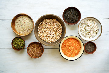 Assorted cereals and legumes. Protein products for vegans. Lentils, mung beans, quinoa, buckwheat, chia, beans, wild rice (Zizania), red rice

