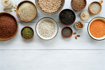 Assorted cereals and legumes. Protein products for vegans. Lentils, mung beans, quinoa, buckwheat, chia, beans, wild rice (Zizania), red rice
