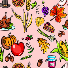 Cartoon cute hand drawn Thanksgiving seamless pattern detailed, with lots of objects background. Illustration