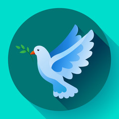 Blue dove of peace icon. Flying blue bird and peace concept. Pacifism concept. Free Flying dove icon - symbol of God, peace on earth, divine providence, the angel of God. Can be used as church logo