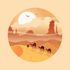 Desert landscape with camel caravan.
