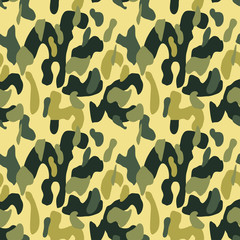 Camouflage pattern background seamless vector illustration. Classic military clothing style. Camo repeat texture shirt print. Khaki yellow black olive colors forest texture