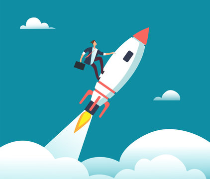 Successful happy businessman flying on rocket to goal. Leadership, start-up, growth and opportunity vector business cartoon concept