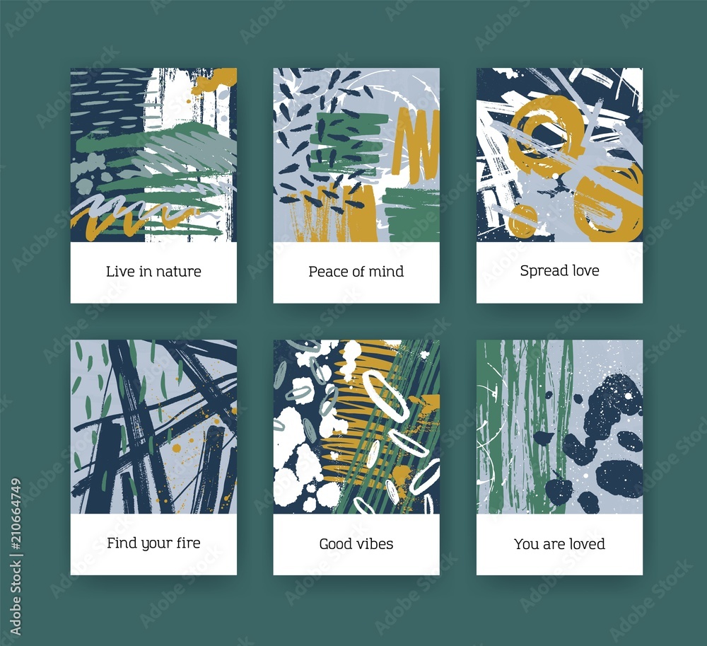 Poster collection of flyer or postcard templates with abstract hand drawn textures with colorful paint trac