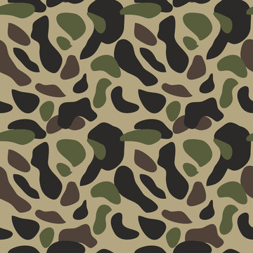 Camouflage pattern background seamless vector illustration. Classic military clothing style. Camo repeat texture shirt print. Green brown black olive colors forest texture
