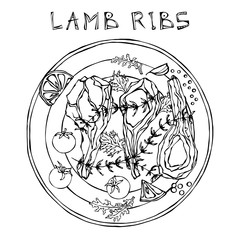 Lamb Ribs Chops with Herbs, Lemon, Tomato, Parsley, Thyme, Pepper. On a Round Plate. Meat Butcher Shop or Steak Restaurant Menu. Hand Drawn Illustration. Doodle Style.