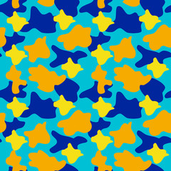 Camouflage pattern background seamless vector illustration. Classic military clothing style. Camo repeat texture shirt print. Blue yellow colors trendy marines texture