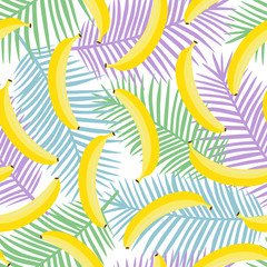 Fototapeta na wymiar yellow pastel banana on purple green and blue palm leaves background exotic tropical fruit hawaii pastel summer sweet seamless pattern vector
