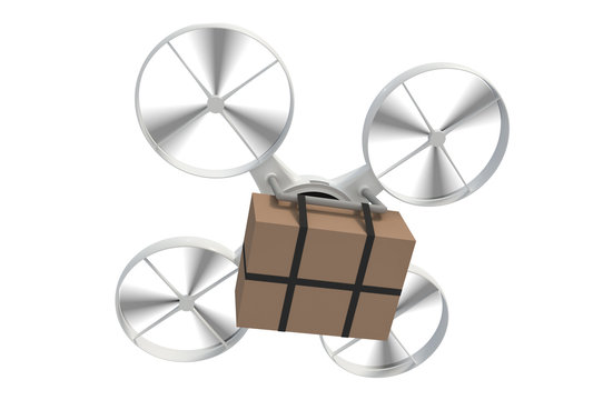 Quad copter is delivering carton box package isolated on white