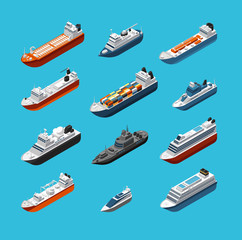 Isometric 3d military and passenger ships, boat and yacht vector sea transportation and shipping icons isolated © MicroOne