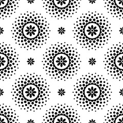 Seamless pattern with black flowers and halftone circle frame on white background - 210665344