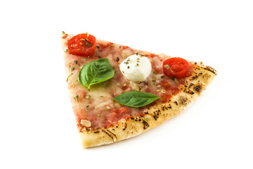 Italian pizza slice with tomatoes, cheese and basil isolated on white background