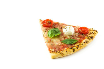 Italian pizza slice with tomatoes, cheese and basil isolated on white background