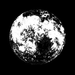 Full moon against hand drawn on black background. Drawing of celestial body, lunar astronomical object or satellite in outer space. Monochrome vector illustration hand drawn in modern dotwork style.