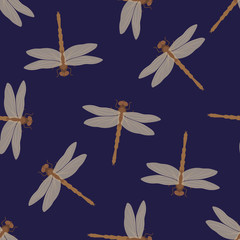Fototapeta na wymiar Seamless pattern Beige dragonflies on a dark blue background