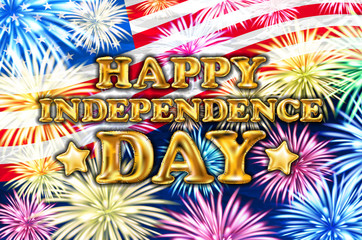 Inscription Happy independence day on usa flag. gold balloon vector firework