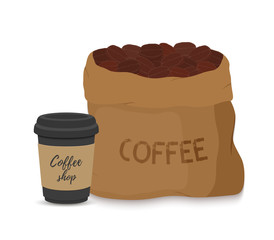 Vector canvas coffee bag, black cup, package drink