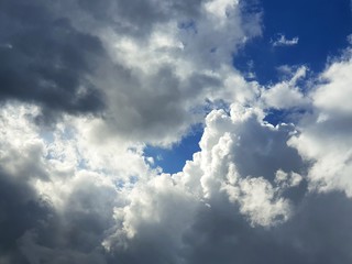 Dramatic backdrop of sky and clouds with the sun shining, sky background, cloudscape concept. Space for text in template, Empty, Looking up