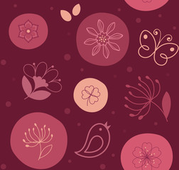 Seamless pattern cute flower, bird and butterfly on circles in red palette - 210666536