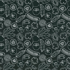 Vector Vegetable Seamless Pattern with Cucumbers, Red Tomatoes, Bell Pepper, Beet. Fresh Green Salad. Healthy Vegetarian Food. Hand Drawn Illustration. Doodle Style. Black Board Background and Chalk.