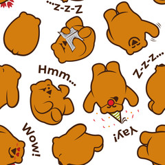 Seamless pattern with cute funny bears - reading, thinking, celebrating, sleeping and saying Hello brown bears in different poses on white background.