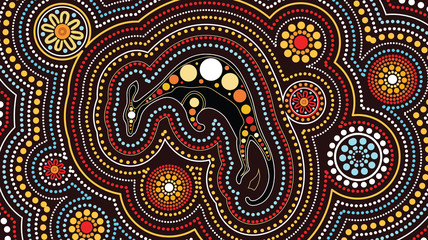 Aboriginal art vector painting with kangaroo. Illustration based on aboriginal style of landscape dot background. 