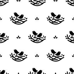 Seamless pattern with black singing birds in nest in minimalistic style on white background
