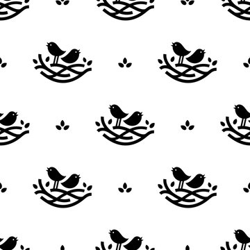 Seamless pattern with black singing birds in nest in minimalistic style on white background