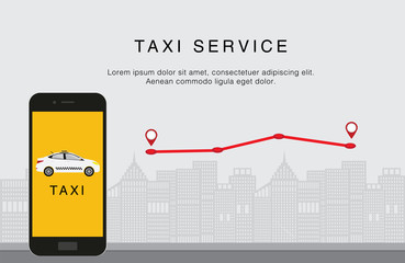 Taxi service. Mobile phone with taxi app on city background. Red map path with pin. Flat vector illustration. Call a taxi