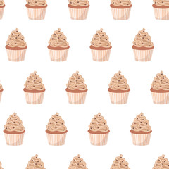 Cupcake decorated with whipped cream and sprinkles. Seamless pattern. Vector illustration.