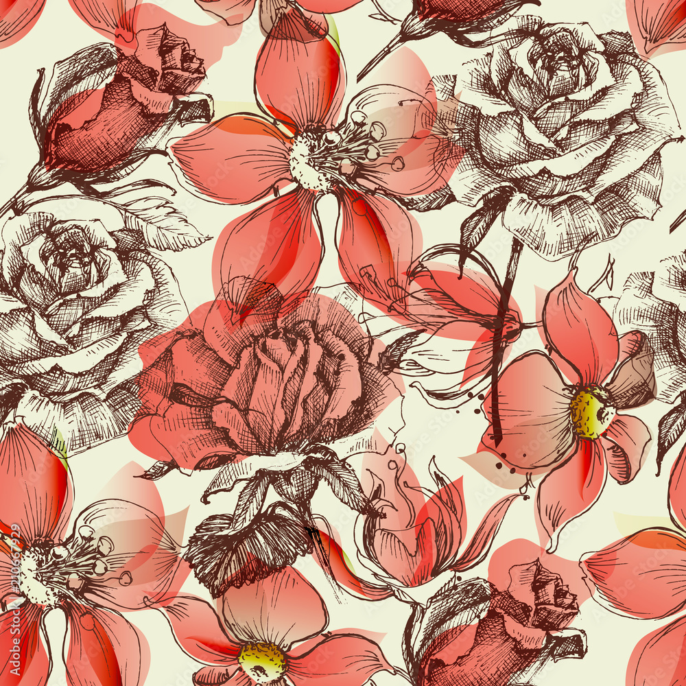 Poster red roses seamless pattern retro style