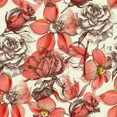 Garden poster Roses Red roses seamless pattern retro style