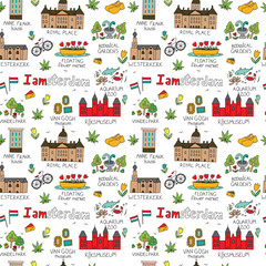 Amsterdam city doodle seamless background in cute hand drawn style. Amsterdam cartoon flat symbols pattern, attractions and sights. Holland vector illustration, texture isolated on white.