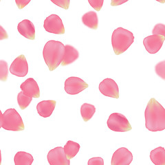 Seamless pattern, vector background with realistic pink rose petals isolated on white. Floral texture for romantic and spring design.