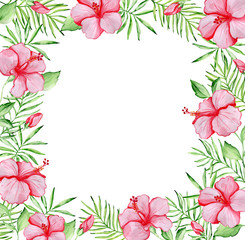 Floral frame with red hibiscus flowers