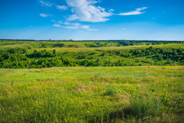 Green nature landscape with grassland hills and blue sky, tranquil countryside