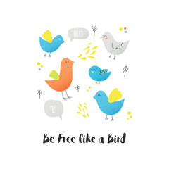 Funny cute birds collections with inspiration inscription, set with gradient texture. Cartoon characters set on isolated on white. animals for cards, poster, print, textile, stickers.