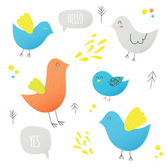 Funny cute birds collections with inspiration inscription, color set with gradient texture. Cartoon characters set on isolated on white. Animals for cards, poster, print, textile, stickers.