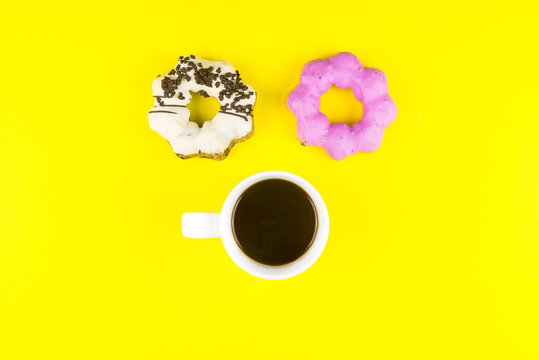 Donut Made At Home With White Coffee Cup Of Espresso On Yellow Background.Breakfast In The Morning Rush Hour.High Energy Foods To Work.Foods With Very High Caloriese, Sugars And Caffeine.