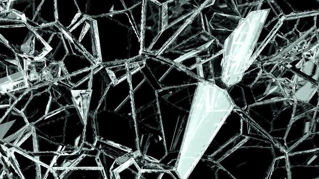 Glass shattered and broken in slow motion. Alpha matte. 3d render. 3d animation