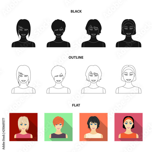 Types Of Female Hairstyles Black Flat Outline Icons In Set