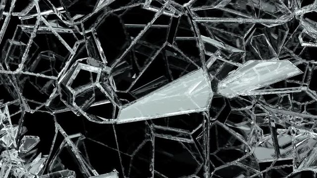 Glass shattered and broken in slow motion. Alpha matte. 3d render. 3d animation