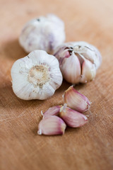 garlic on wood board background