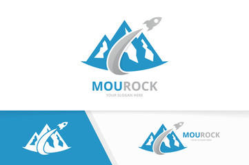 Vector mountain and rocket logo combination. Nature and airplane symbol or icon. Unique hill and flight logotype design template.