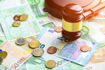 Euro cash background. Pile of different euro banknotes, coins an