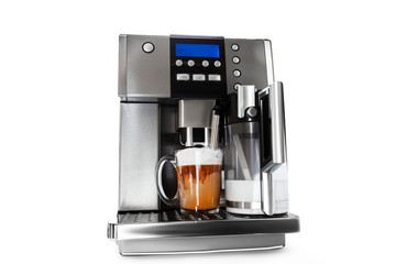 automatic coffee maker with cup of coffee