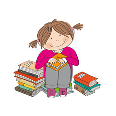 Cute little girl sitting on the pile of books, surrounded of books, enjoying reading - original hand drawn illustration