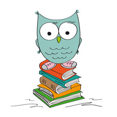 Funny wise owl standing on the pile of books wearing shoes - original hand drawn illustration