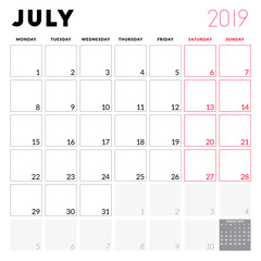 Calendar planner for July 2019. Week starts on Monday. Printable vector stationery design template