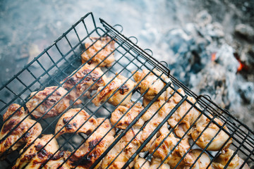 Fresh meat on grill outdoors